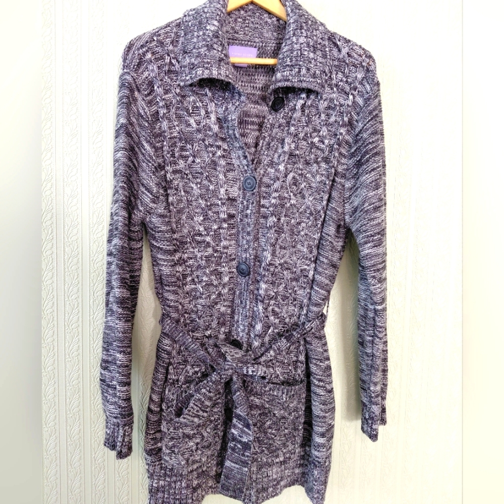 LAURA SCOTT Grey Knit Cardogan Sweater Button Down Belted Fall Winter Black Whit